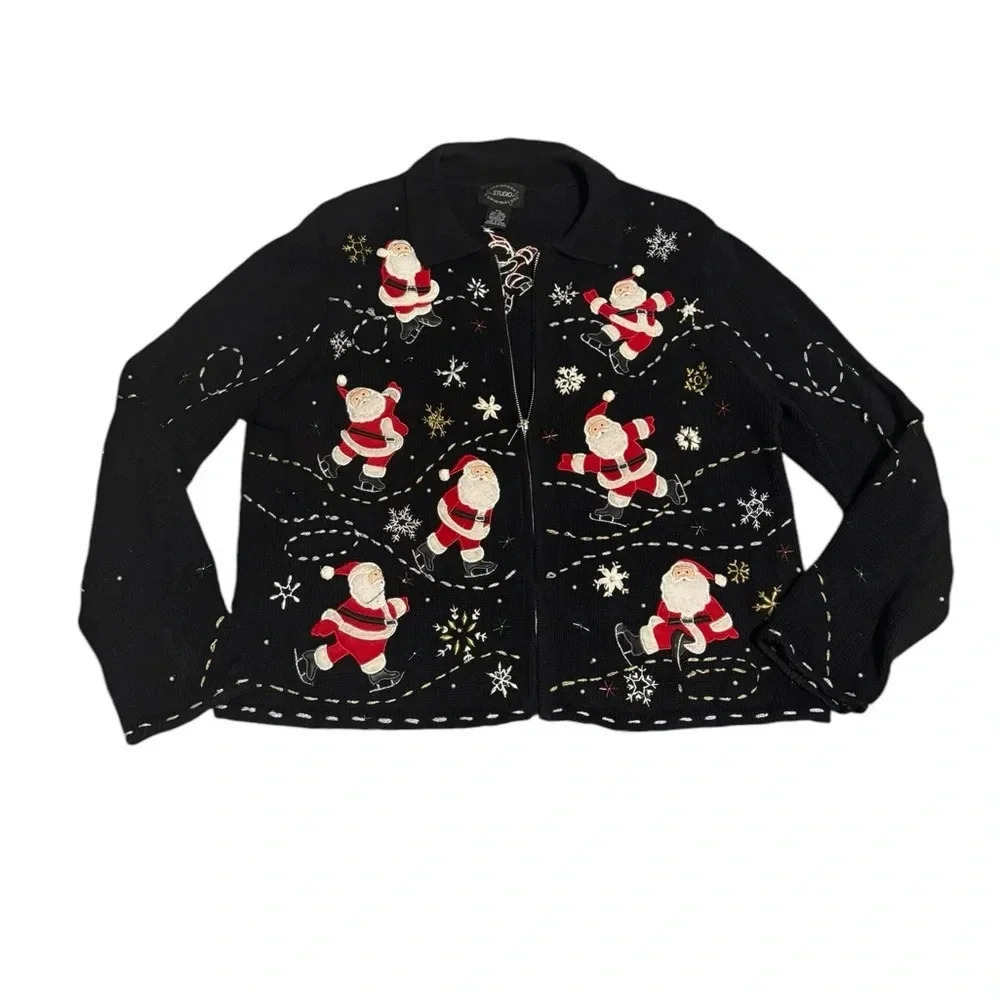 🎅 Designers Studio Petite Large Santa Zip-Up Christmas Sweater‎ Jacket ❄️✨